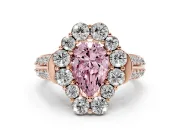 Fancy Pink Pear Cut Diamond Halo Engagement Ring Set in Rose gold with Split Shank and Prong Setting