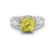 Fancy Yellow Cushion Cut Diamond Filigree Halo Engagement Ring Set in White gold with Prong Setting