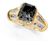 Fancy Black Radiant Cut Diamond Vintage-Inspired Milgrain Ring Set in Yellow gold with Accent Split Shank