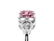 Fancy Pink Cushion Cut Diamond Solitaire Ring Set in Platinum with Cluster Accents on Each Side