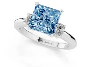 Fancy Blue Three-Stone Princess Cut Diamond Ring Set in White gold with Prong Setting and Plain Band