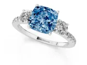 Cushion Cut Three Stone Engagement Ring Setting for a Fancy Blue Lab-Grown Diamond | Pave Shoulders | Platinum