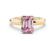 Fancy Pink Emerald Cut Diamond Solitaire Ring Set in Yellow gold with Prong Head and Smooth Polished Band