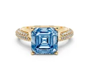 Fancy Blue Asscher Cut Diamond Solitaire Engagement Ring Set in Yellow gold with Multi-Row Round Pavé Band and Prong Setting