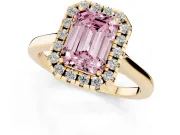 Fancy Pink Emerald Cut Halo Round Diamond Solitaire Ring Set in Yellow gold with Pavé Band and Prong Setting