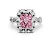 Fancy Pink Radiant Cut Diamond Floral Halo Ring Set in Silver with Shared Prong Band