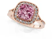 Fancy Pink Cushion Cut Diamond Halo Engagement Ring Set in Rose gold with Milgrain Pavé Band