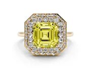 Fancy Yellow Asscher Cut Diamond Halo Engagement Ring Set in Yellow gold with Solitaire Band and Prong Setting