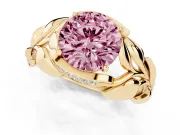 Fancy Pink Round Cut Diamond Leaf-Inspired Engagement Ring Set in Yellow gold with Round Accents