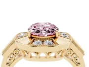Fancy Pink Oval Cut Diamond Milgrain Halo Ring Set in Yellow gold with Split Shank