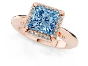 Fancy Blue Princess Cut Diamond Halo Engagement Ring Set in Rose gold with Plain Split Shank and Prong Setting