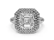 Asscher Cut Double Halo Split Shank Engagement Ring Setting | Pavé Shoulders | White Gold