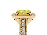 Fancy Yellow Radiant Cut Diamond Halo Ring Set in Yellow gold with Round Accent Halo, Pavé Band and Prong Setting