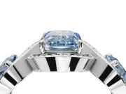 Radiant Cut Three Stone Halo Engagement Ring Setting for a Fancy Blue Lab-Grown Diamond | Pavé Wave Band | White Gold