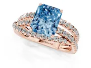 Fancy Blue Radiant Cut Diamond Solitaire Twist Band Ring Set in Rose gold with Pavé Setting and Prong Head