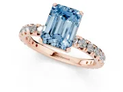 Fancy Blue Emerald Cut Diamond Pavé Solitaire Ring Set in Rose gold with Round Band and Prong Setting