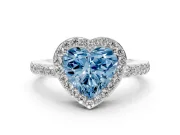 Fancy Blue Heart Cut Diamond Halo Ring Set in White gold with Pavé-Setting Band and Open Prong Center