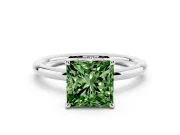 Fancy Green Princess Cut Diamond Solitaire Ring Set in White gold with Thin Band and Prong Setting