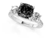 Fancy Black Three-Stone Cushion Cut Diamond Pavé Band Ring Set in Platinum with Prong-Set Trio