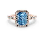 Radiant Cut Pave Halo Engagement Ring Setting for a Fancy Blue Lab-Grown Diamond | Rose Gold