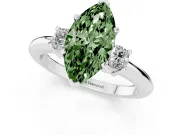 Fancy Green Three-Stone Marquise Cut Diamond Ring Set in White gold with Prong Setting and Plain Band