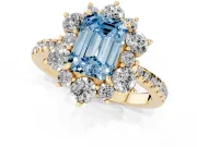 Fancy Blue Emerald Cut Diamond Floral Halo Ring Set in Yellow gold with Round Pavé Band and Prong Setting
