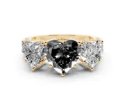 Heart-Shaped Three Stone Engagement Ring Setting for a Black Center | Beaded Shoulders | Yellow Gold