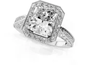 Radiant Cut Vintage Milgrain Halo Engagement Ring Setting | Side Stones and Pave | Sterling Silver
