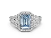 Emerald Cut Halo Pavé Engagement Ring Setting for a Fancy Blue Lab-Grown Diamond | Narrow Split Shank | Sterling Silver
