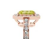 Fancy Yellow Emerald Cut Diamond Halo Pavé Engagement Ring Set in Rose gold with Bezel Setting
