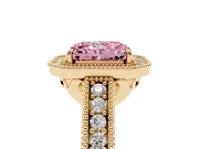 Fancy Pink Radiant Cut Diamond Halo Ring Set in Yellow gold with Round Accent Halo, Pavé Band and Prong Setting