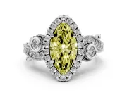 Fancy Yellow Marquise Cut Diamond Halo Ring Set in White gold with Milgrain Pavé Band and Prong Setting