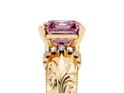 Fancy Pink Asscher Cut Diamond Filigree Halo Engagement Ring Set in Yellow gold with Prong Setting