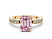 Fancy Pink Emerald Cut Diamond Solitaire Ring Set in Yellow gold with Slim Pavé Band and Prong Setting
