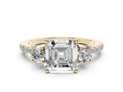 Asscher Cut Three Stone Engagement Ring Setting | Pave Shoulders | Yellow Gold