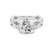 Heart Cut Diamond Twist Band Solitaire Ring Set in White gold with Leaf Prong Setting and Accent Stones