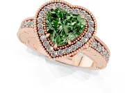 Fancy Green Heart Cut Diamond Halo Ring Set in Rose gold with Round Accent Halo, Pavé Band and Prong Setting
