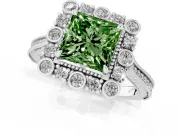 Fancy Green Princess Cut Diamond Halo Milgrain Pavé Ring Set in Silver with Prong Setting