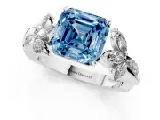 Fancy Blue Asscher Cut Diamond Floral Vine Solitaire Engagement Ring Set in White gold with Marquise Leaves