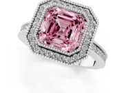 Fancy Pink Asscher Cut Diamond Halo Ring Set in Silver with Pavé Band and Milgrain-Edged Prongs