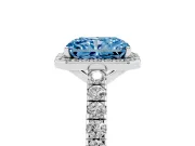 Fancy Blue Radiant Cut Diamond Halo Engagement Ring Set in Platinum with Pavé Band and Prong Setting