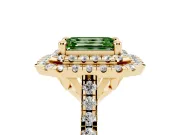 Fancy Green Emerald Cut Diamond Double Halo Statement Ring Set in Yellow gold with Pavé Band