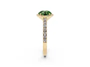 Fancy Green Round Cut Diamond Halo Engagement Ring Set in Yellow gold with Pavé Band and Prong Setting