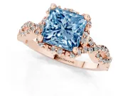 Princess Cut Milgrain Halo Engagement Ring Setting for a Fancy Blue Lab-Grown Diamond | Graduated Shoulders | Rose Gold