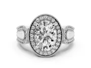 Oval Vintage Milgrain Halo Engagement Ring Setting | Open Loop Pave Shoulders | White Gold