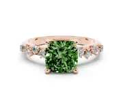 Fancy Green Cushion Cut Diamond Solitaire Vine Band Ring Set in Rose gold with Round Accents and Prong Setting