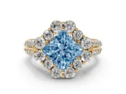 Princess Cut Large Accent Halo Engagement Ring Setting for a Fancy Blue Lab-Grown Diamond | Graduated Pavé | Yellow Gold