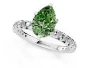 Fancy Green Pear Cut Diamond Pavé Solitaire Ring Set in Platinum with Round Band and Prong Setting