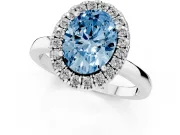 Fancy Blue Oval Cut Diamond Halo Solitaire Ring Set in White gold with Pavé Band and Prong Setting