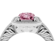 Fancy Pink Radiant Cut Diamond Halo Ring Set in Platinum with Round Accent Halo, Pavé Band and Prong Setting